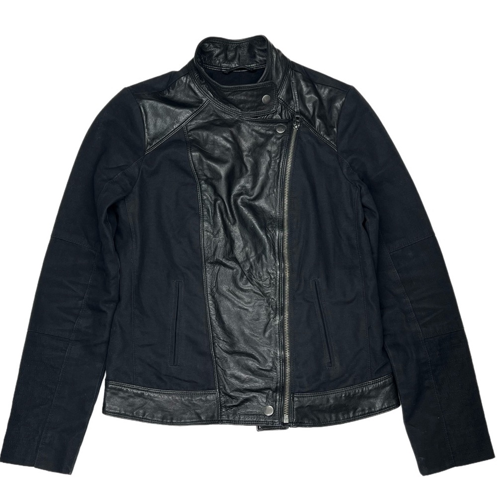 {Lucky Brand} 100% Leather Trim Canvas Asymmetrical Moto Bomber Jacket Coat